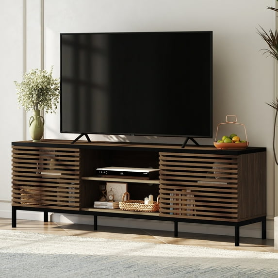 ARKANTOS Modern TV Stand for 75" TV, Grille Striped Doors Media Console, Classic Walnut