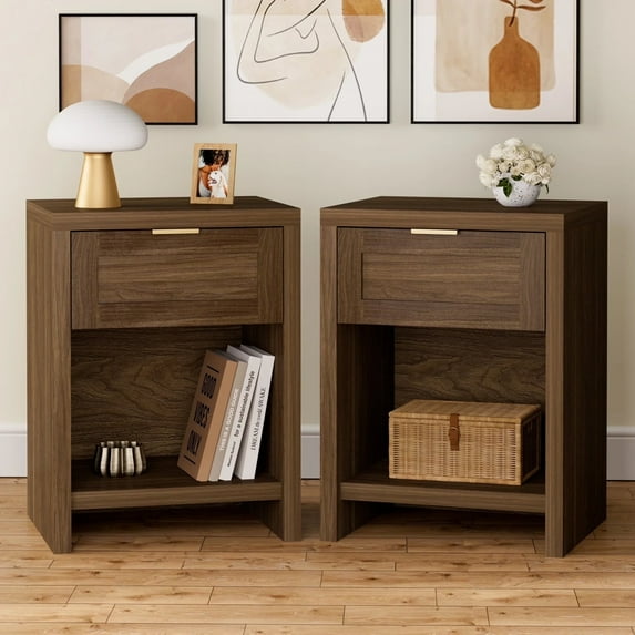 ARKANTOS Nightstand with Drawers Farmhouse Nightstand Set of 2 Classic Walnut