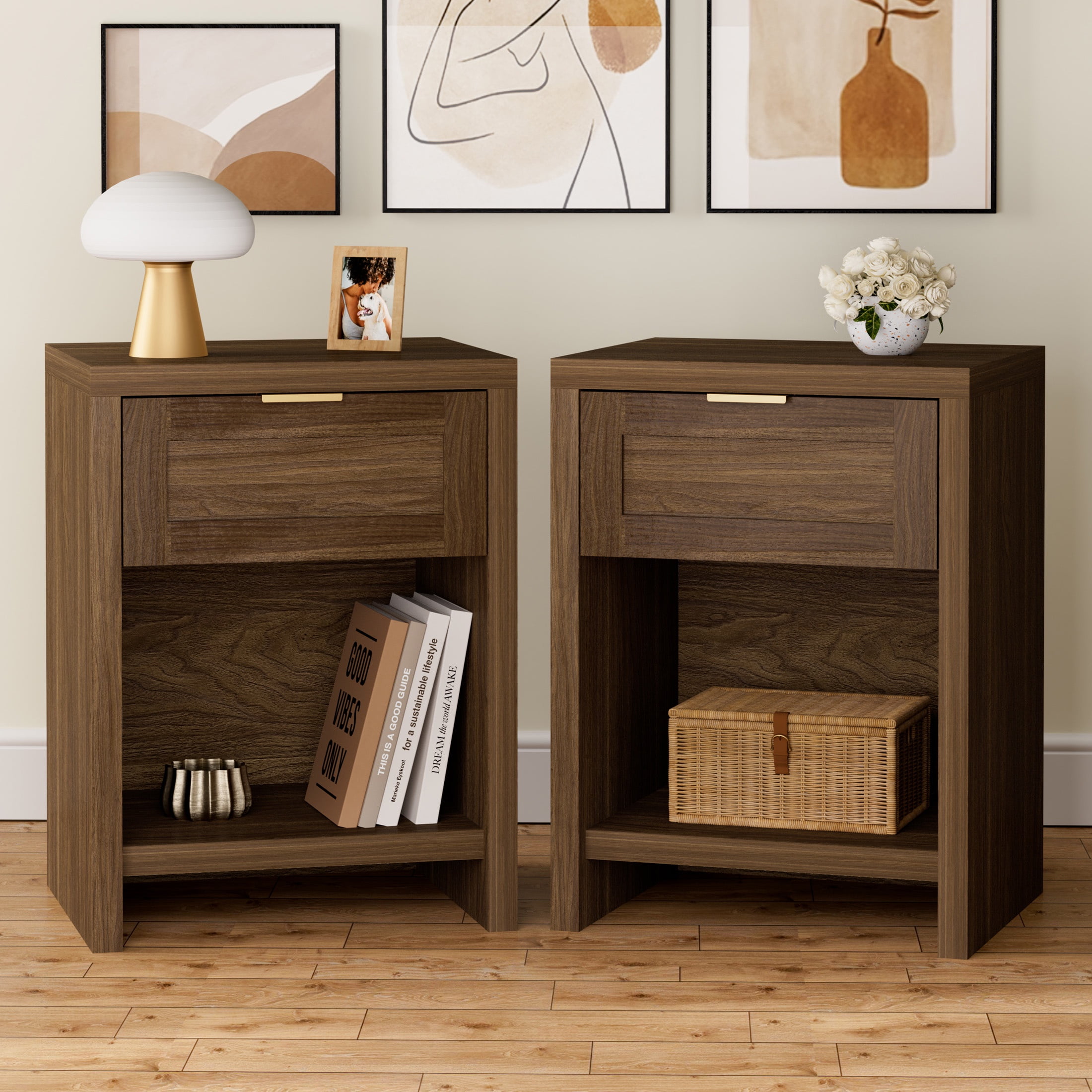 ARKANTOS Nightstand with Drawers Farmhouse Nightstand Set of 2 Classic Walnut - Walmart.com