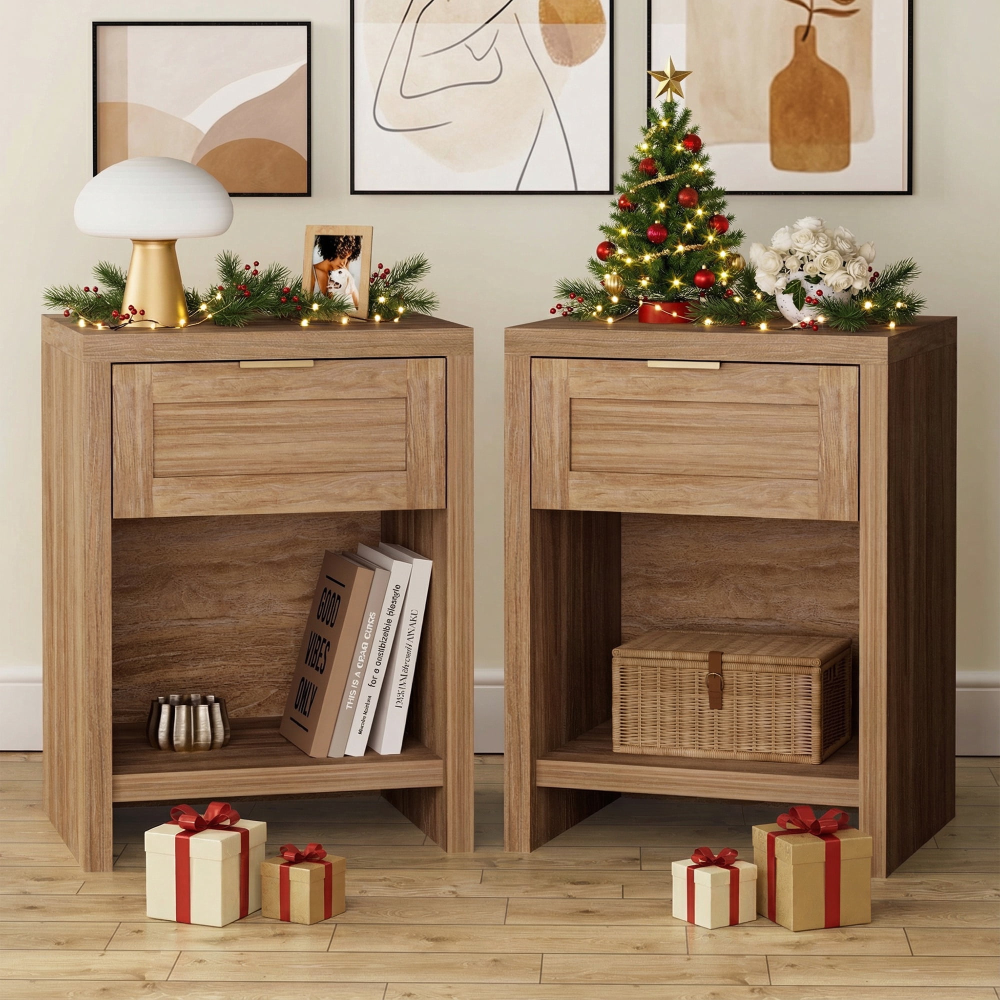 ARKANTOS Nightstand with Drawers Farmhouse Nightstand Set of 2 Natural Oak