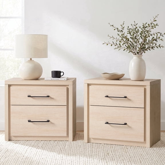 ARKANTOS Nightstands Set of 2 with 2 Deep Drawers, 27" Wide Modern Wooden Night Stand, Farmhouse Bedside Table, Sofa End Tables for Bedroom Living Room, Light Oak