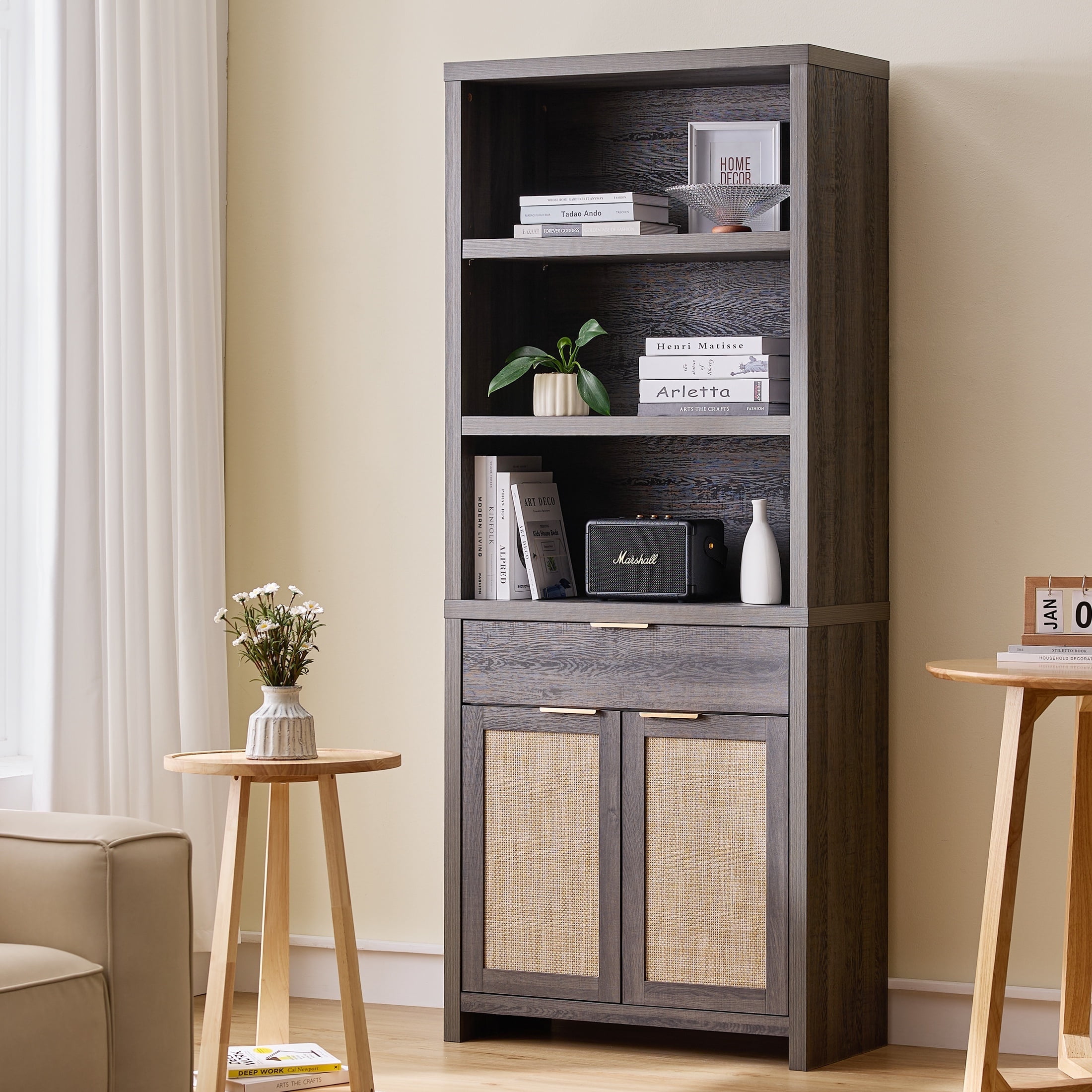 ARKANTOS Rattan Bookcase with Doors, 5 Shelf Adjustable Bookshelf and Storage Cabinet, Charcoal Oak