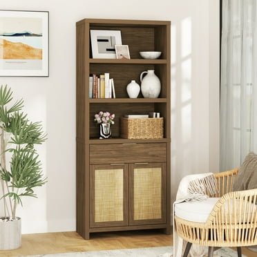 ARKANTOS Rattan 5 Shelf Bookcase with Doors Adjustable Shelf and Storage Cabinet Classic Walnut