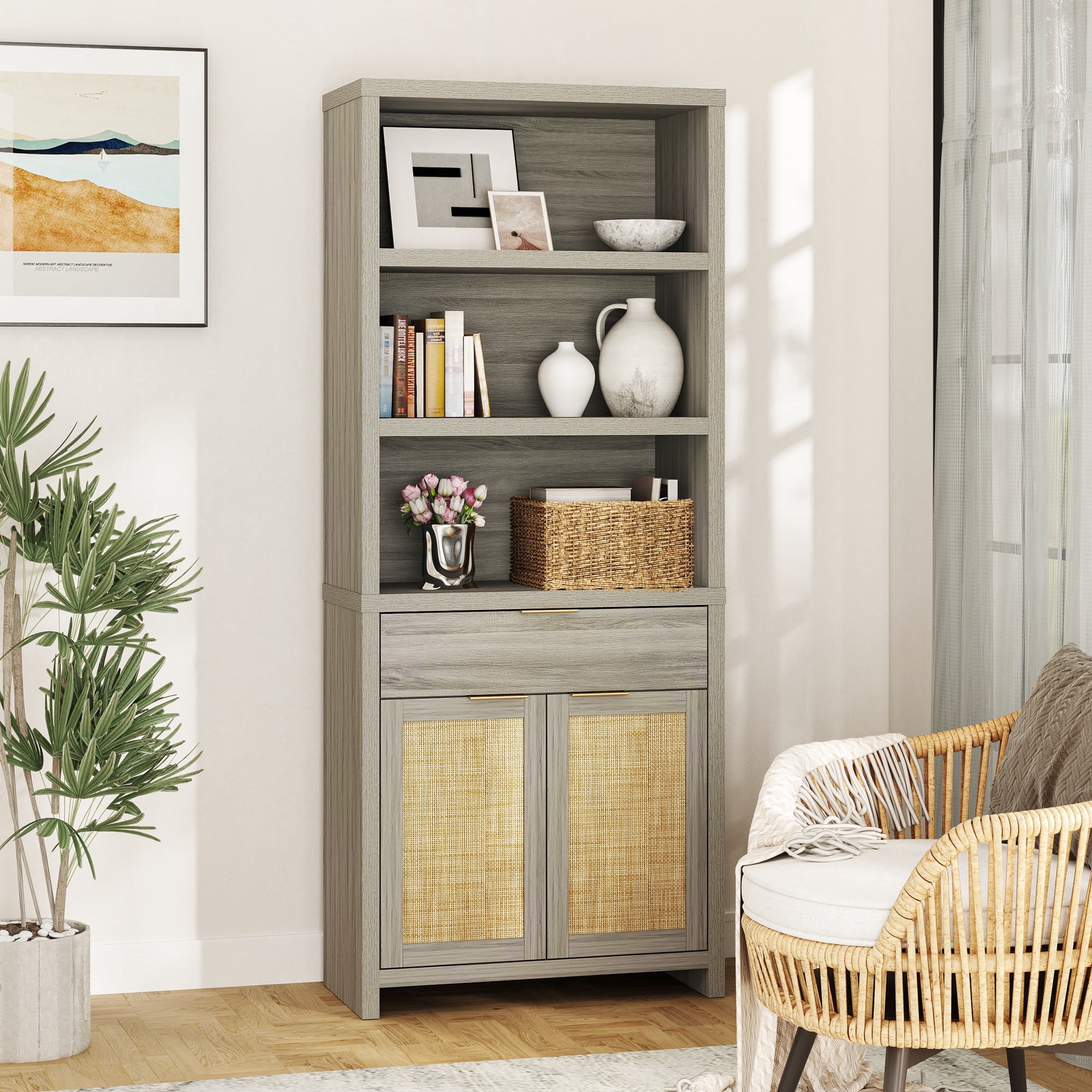 ARKANTOS Rattan Bookcase with Doors, 5 Shelf Adjustable Bookshelf and Storage Cabinet, Mist Oak