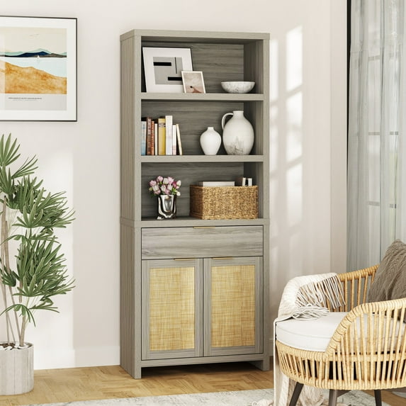 ARKANTOS Rattan Bookcase with Doors, 5 Shelf Adjustable Bookshelf and Storage Cabinet, Mist Oak
