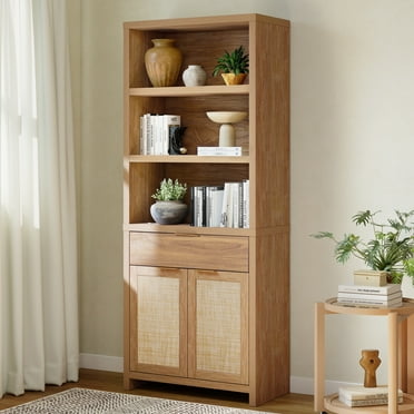 ARKANTOS Rattan Bookcase with Doors, 5 Shelf Adjustable Bookshelf and Storage Cabinet, Natural Oak