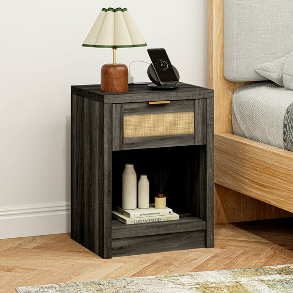 ARKANTOS Rattan Nightstand with Charging Station Bedside Table with Drawers Charcoal Oak