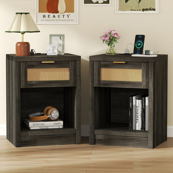 ARKANTOS Rattan Nightstand with Charging Station Set of 2 Bedside Table with Drawers Charcoal Oak