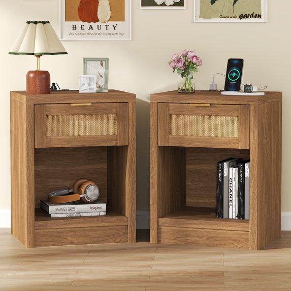 "ARKANTOS Rattan Nightstand with Charging Station, Set of 2, Walnut, 18.5""x15.6""x25" - Walmart.com