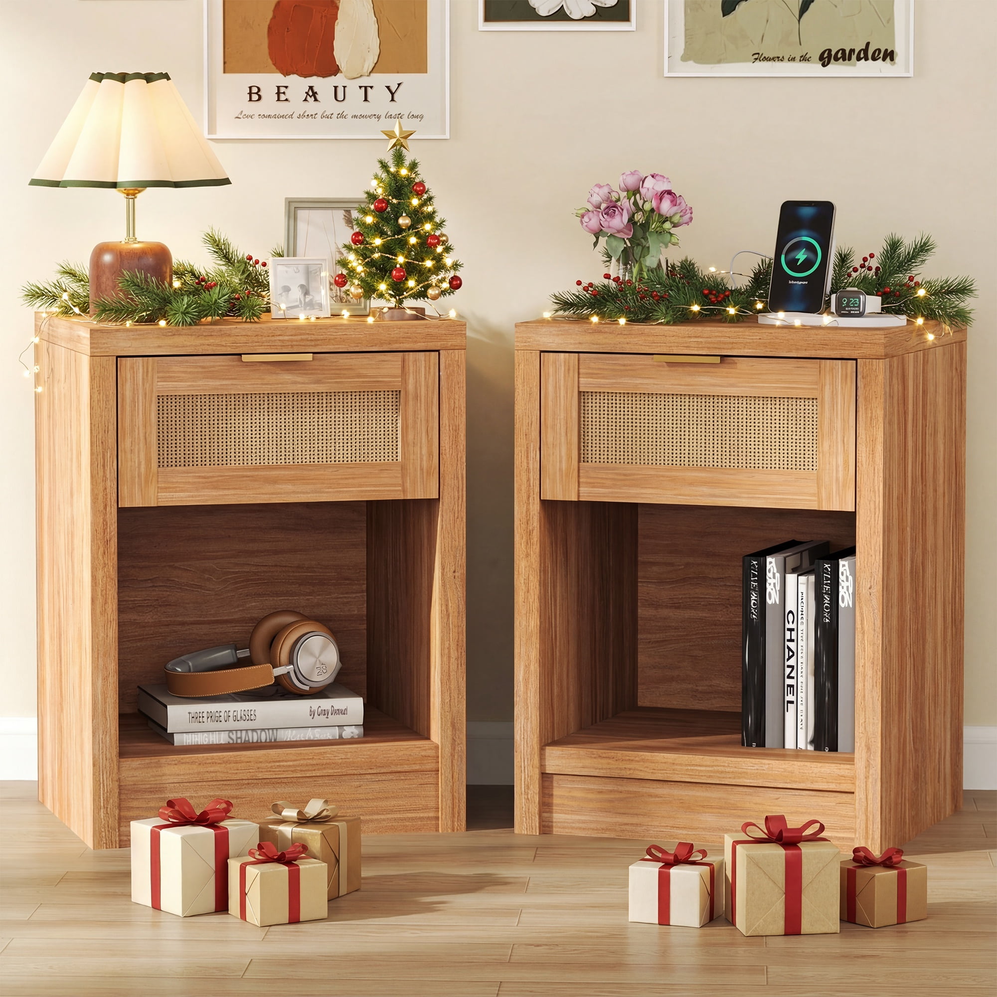 ARKANTOS Rattan Nightstand with Charging Station Set of 2 Bedside Table with Drawers Natural Oak - Walmart.com