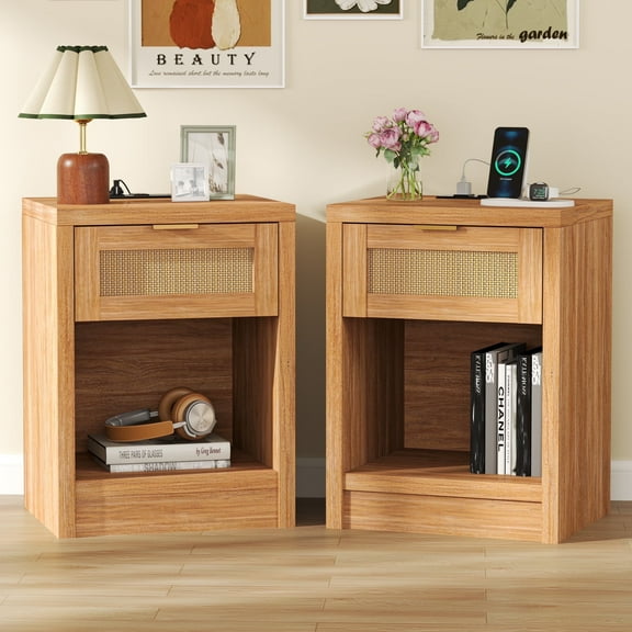 ARKANTOS Rattan Nightstand with Charging Station Set of 2 Bedside Table with Drawers Natural Oak