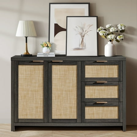 ARKANTOS Rattan Sideboard Buffet Cabinet with 2 Doors and 3 Drawers, Charcoal Oak