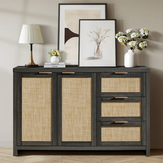 ARKANTOS Rattan Sideboard Buffet Cabinet with 2 Doors and 3 Drawers, Charcoal Oak
