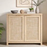 ARKANTOS Sideboard Buffet Cabinet with Large Storage, Boho Rattan Coffee Bar Cabinets with Adjustable Shelves, Buffet Console Table for Kitchen Living Room Hallway, Light Natural Oak