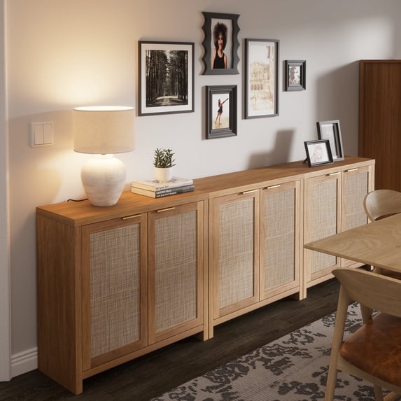 ARKANTOS Rattan Sideboard Buffet Cabinet with Adjustable Shelf, Set of 3, Natural Oak