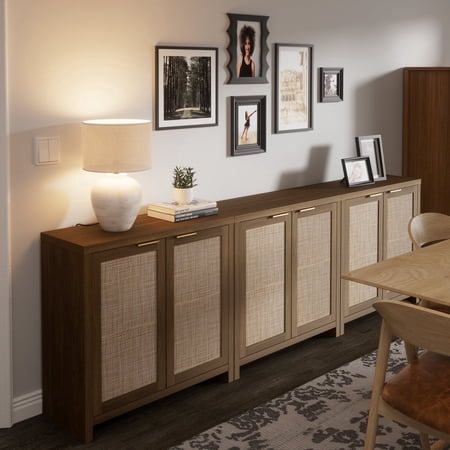 ARKANTOS Sideboard Buffet Cabinet with Large Storage, Boho Rattan Coffee Bar Storage Cabinet with Adjustable Shelves, Farmhouse Console Cabinets for Kitchen, Living Room, Walnut, 3 PCS