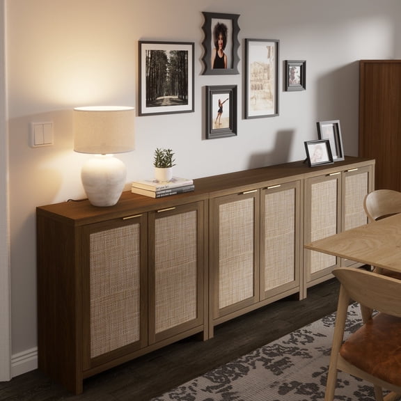 ARKANTOS Rattan Sideboard Buffet Cabinet with Adjustable Shelf, Set of 3, Walnut