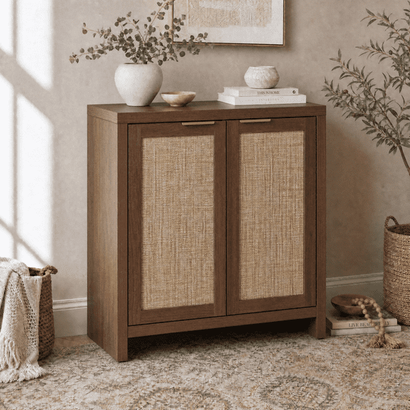 ARKANTOS Rattan Sideboard Buffet Cabinet with Doors and Adjustable Shelf, Walnut, 1 Piece