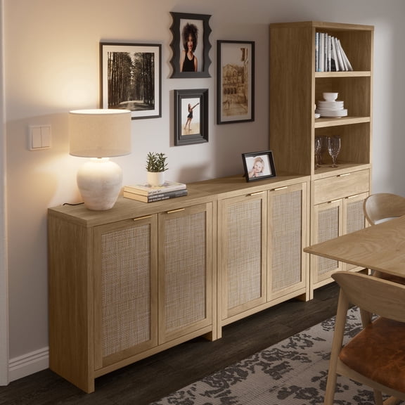 ARKANTOS Rattan Sideboard Cabinet with 1 Adjustable Shelf, Light Natural Oak, Set of 2