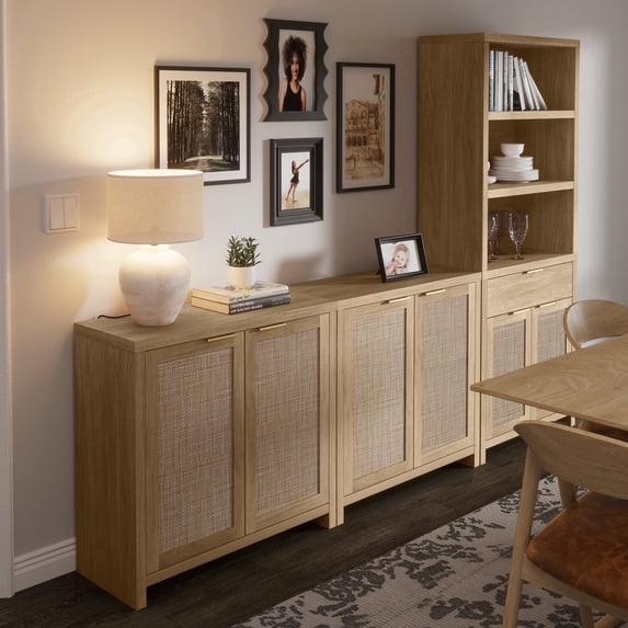 ARKANTOS Rattan Sideboard Cabinet with 1 Adjustable Shelf, Light Natural Oak, Set of 2