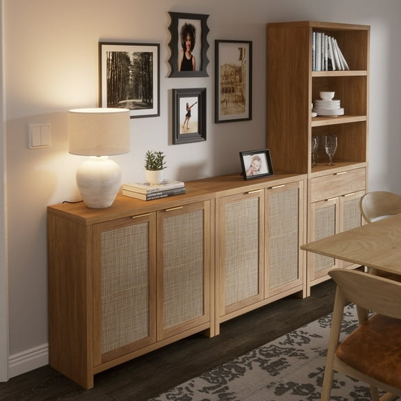 ARKANTOS Rattan Sideboard Cabinet with 1 Adjustable Shelf, Natural Oak, Set of 2