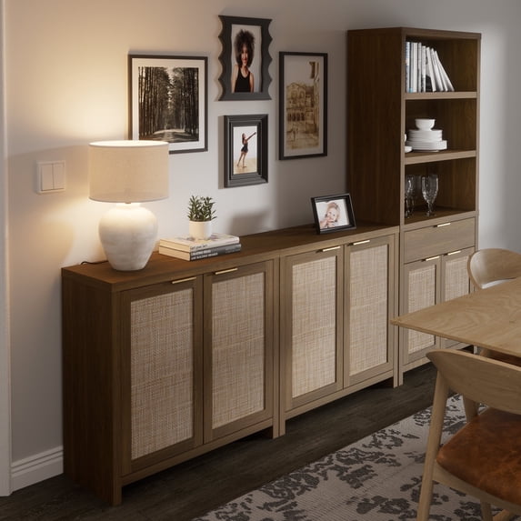 ARKANTOS Rattan Sideboard Cabinet with 1 Adjustable Shelf, Walnut, Set of 2