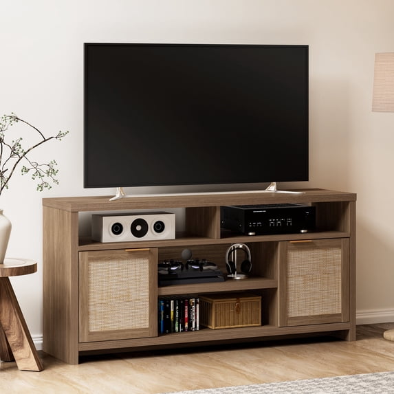 ARKANTOS Rattan TV Stand for 65 inch TV,Tall TV Console for Living Room,Classic Walnut
