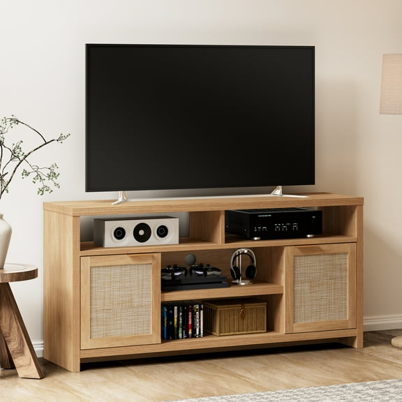 ARKANTOS Rattan TV Stand for 65 inch TV,Tall TV Console for Living Room,Natural Oak