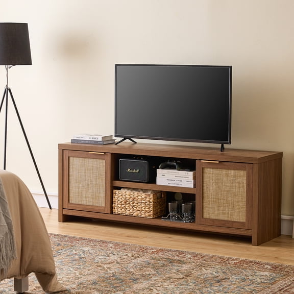ARKANTOS Rattan TV Stand for Tvs up to 65 inch, Wood Media Console for Living Room, Classic Walnut