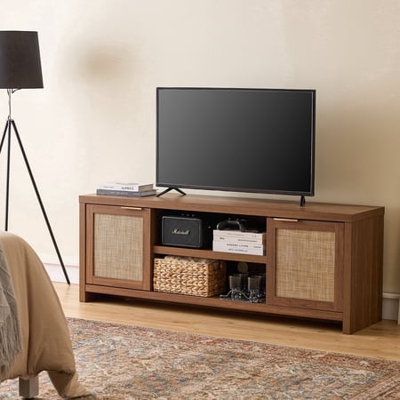 ARKANTOS Rattan TV Stand for TVs up to 65", Boho Entertainment Center with Storage Cabinets, Wood Media Console for Living Room, Classic Walnut