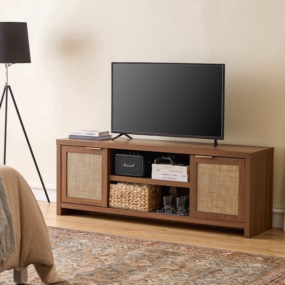 ARKANTOS Rattan TV Stand for TVs up to 65", Boho Entertainment Center with Storage Cabinets, Wood Media Console for Living Room, Classic Walnut