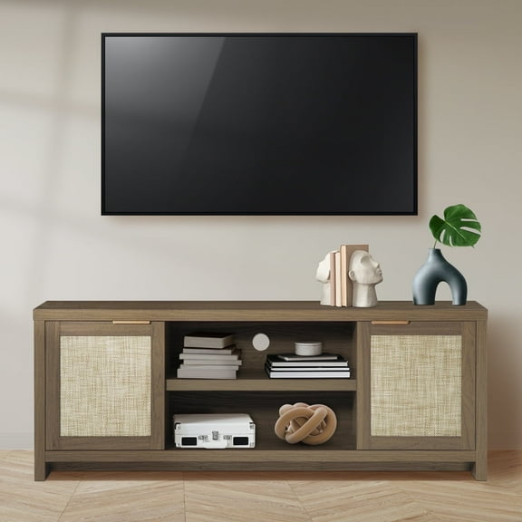 ARKANTOS Rattan TV Stand for Tvs up to 65 inch, Wood Media Console for Living Room, Classic Walnut