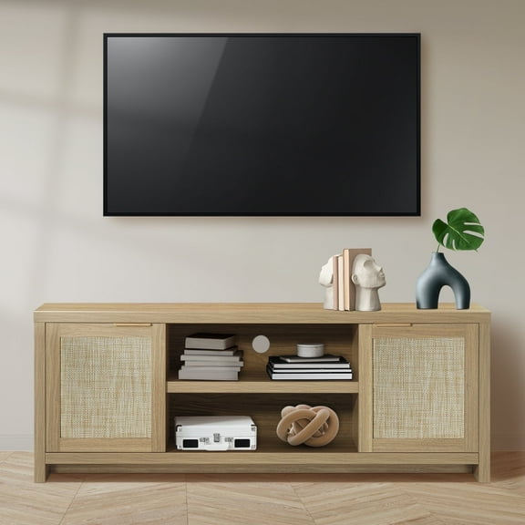 ARKANTOS Rattan TV Stand for Tvs up to 65 inch, Wood Media Console for Living Room, Natural Oak