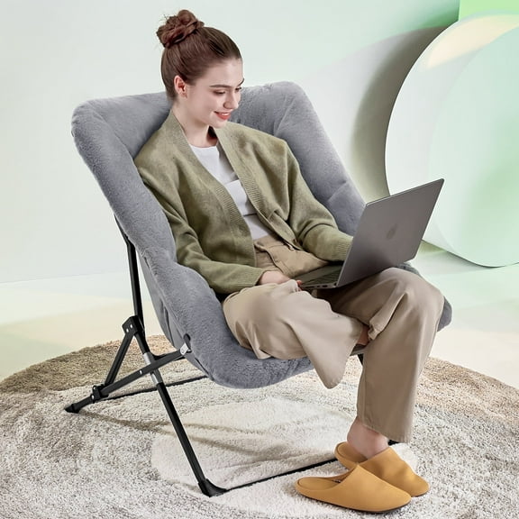 ARKANTOS Folding Saucer Chair for Adults, Comfy Chair for Bedroom and Living Room, Faux Fur Lounge Chair ,Gray