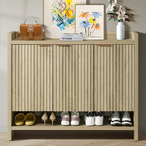ARKANTOS Shoe Cabinet with 3 Fluted Doors and Shelves for Entryway Coastal Oak