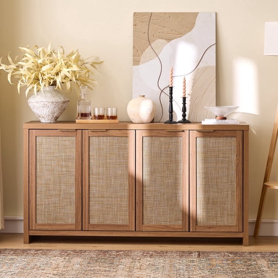 ARKANTOS Sideboard Buffet Cabinet, Rattan Cabinet with Adjustable Shelves, Boho Buffet Table Console Cabinets with 4 Doors, Farmhouse Cabinet for Entryway Living Room, Natural Oak