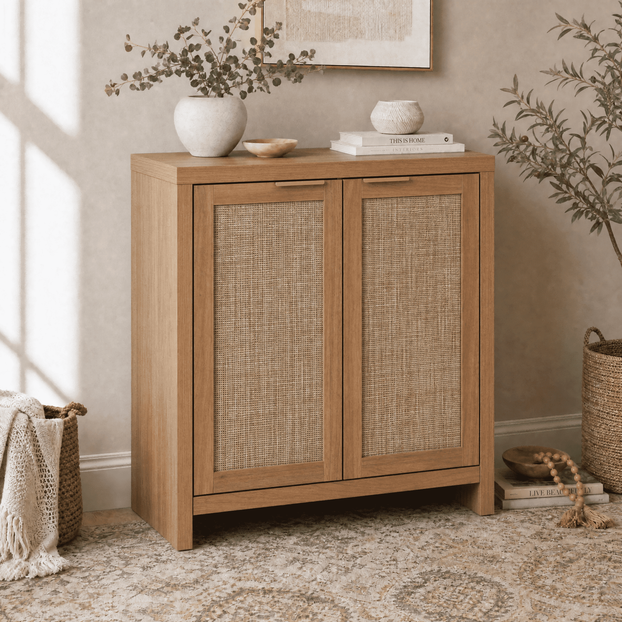 ARKANTOS Sideboard Buffet Cabinet with Large Storage, Boho Rattan Coffee Bar Cabinets with Adjustable Shelves, Buffet Console Table for Kitchen Living Room Hallway, Oak