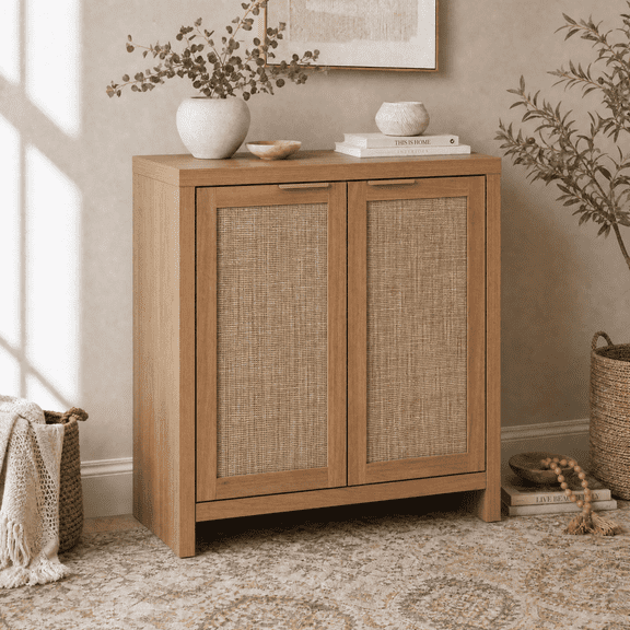 ARKANTOS Sideboard Buffet Cabinet with Large Storage, Boho Rattan Coffee Bar Cabinets with Adjustable Shelves, Buffet Console Table for Kitchen Living Room Hallway, Oak