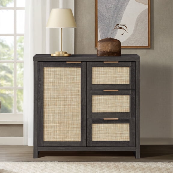 ARKANTOS Sideboards and Buffets, Boho Storage Cabinets with Rattan Doors and Drawers, Charcoal Oak