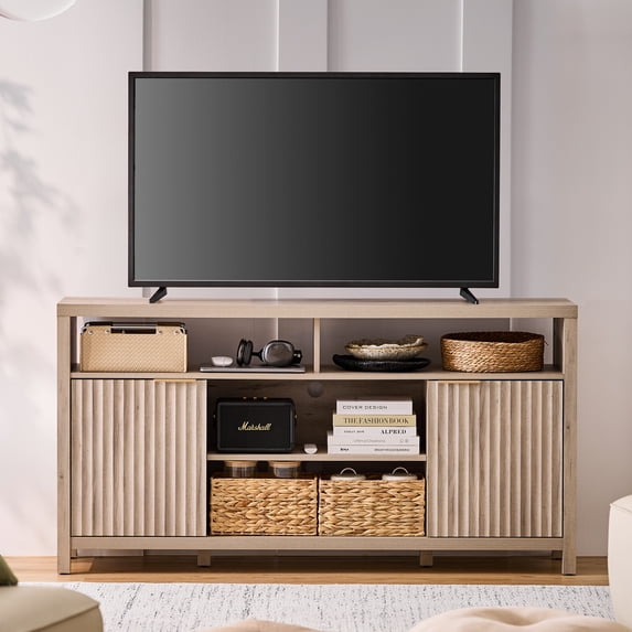 ARKANTOS Tall TV Stand for TVs up to 65", Wave Pattern Media Console with Storage, Light Gray Oak