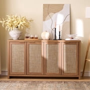ARKANTOS Sideboard Buffet Cabinet, Rattan Cabinet with Adjustable Shelves, Boho Buffet Table Console Cabinets with 4 Doors, Farmhouse Cabinet for Entryway Living Room, Natural Oak