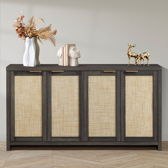 ARKANTOS Sideboard Buffet Cabinet, Rattan Cabinet with Adjustable Shelves, Boho Buffet Table Console Cabinets with 4 Doors, Farmhouse Cabinet for Entryway Living Room, Charcoa Oak