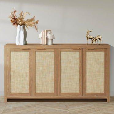 ARKANTOS Wood Sideboard Buffet Cabinet with Adjustable Shelves and 4 Rattan Doors, Natural Oak