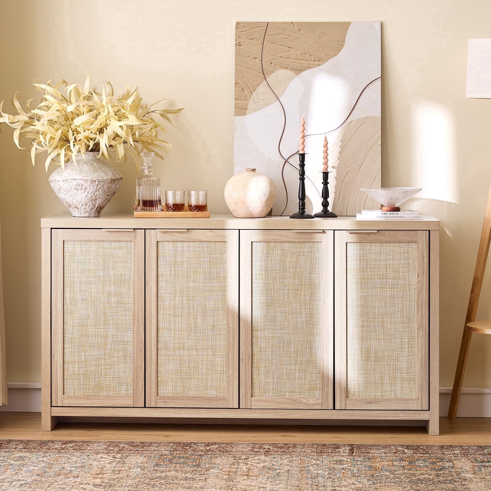 ARKANTOS Sideboard Buffet Cabinet, Rattan Cabinet with Adjustable Shelves, Boho Buffet Table Console Cabinets with 4 Doors, Farmhouse Cabinet for Entryway Living Room, Light Oak
