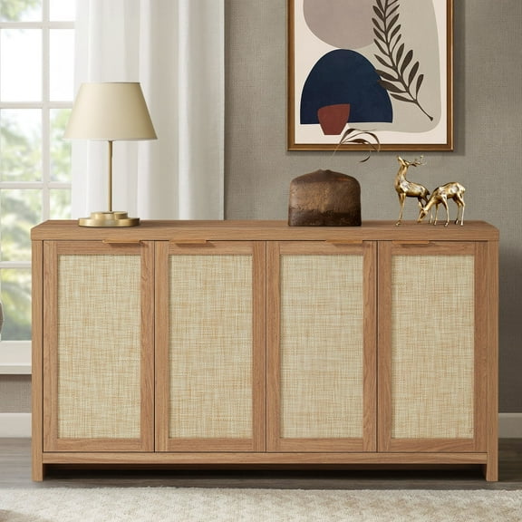 ARKANTOS Rattan Sideboard Buffet Cabinet with Storage, Kitchen Storage Cabinet with 4-Doors, Natural Oak