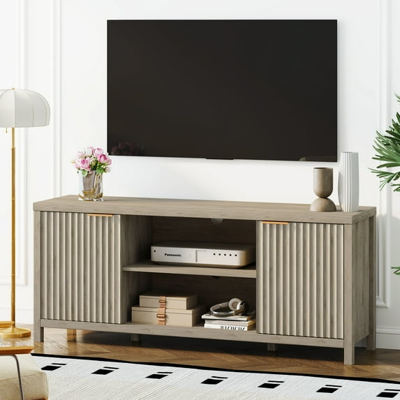 ARKANTOS Wood TV Stand for TVs up to 65 inch, Wave Pattern Doors Media Console, Mid-Century Modern Storage Cabinet, Light Gray Oak