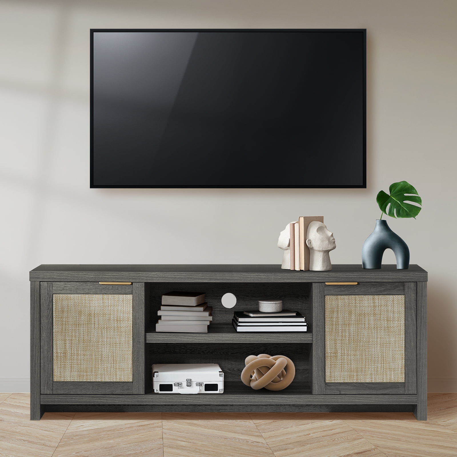 ARKANTOS Wood TV Stand for Tvs up to 65 Inch with 2 Rattan Doors and ...