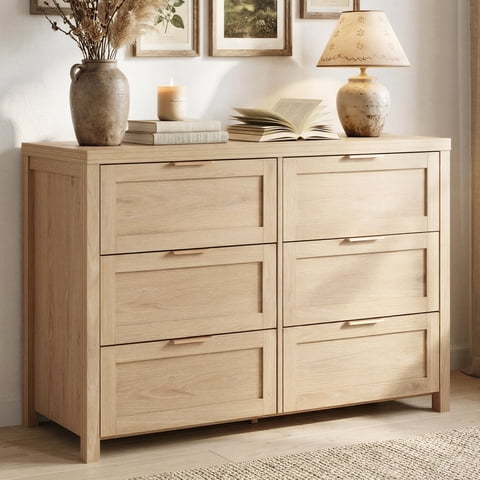 ARKANTOS Wooden 6 Drawer Double Dressers, Wide Chests of Drawers for Bedroom,Light Oak