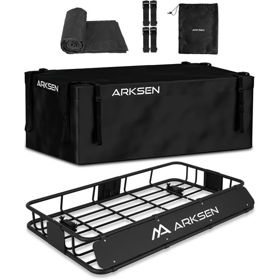 ARKSEN 30" x 50" x 6" Perfect-Wide Roof Rack Carrier Basket With Waterproof Cargo Bag - 150LB Capacity Full-Size Truck SUV Top Luggage Holder Carrier Storage, Black