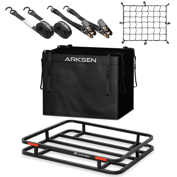 ARKSEN 32 x 26 x 4 Inch Heavy Duty Bumper Mounted Cargo Rack Carrier with  500D PVC Waterproof Cargo Bag, Nylon Net, Ratchet Straps,350 Lbs Capacity Luggage Basket Hitch for RV, Camping, Traveling